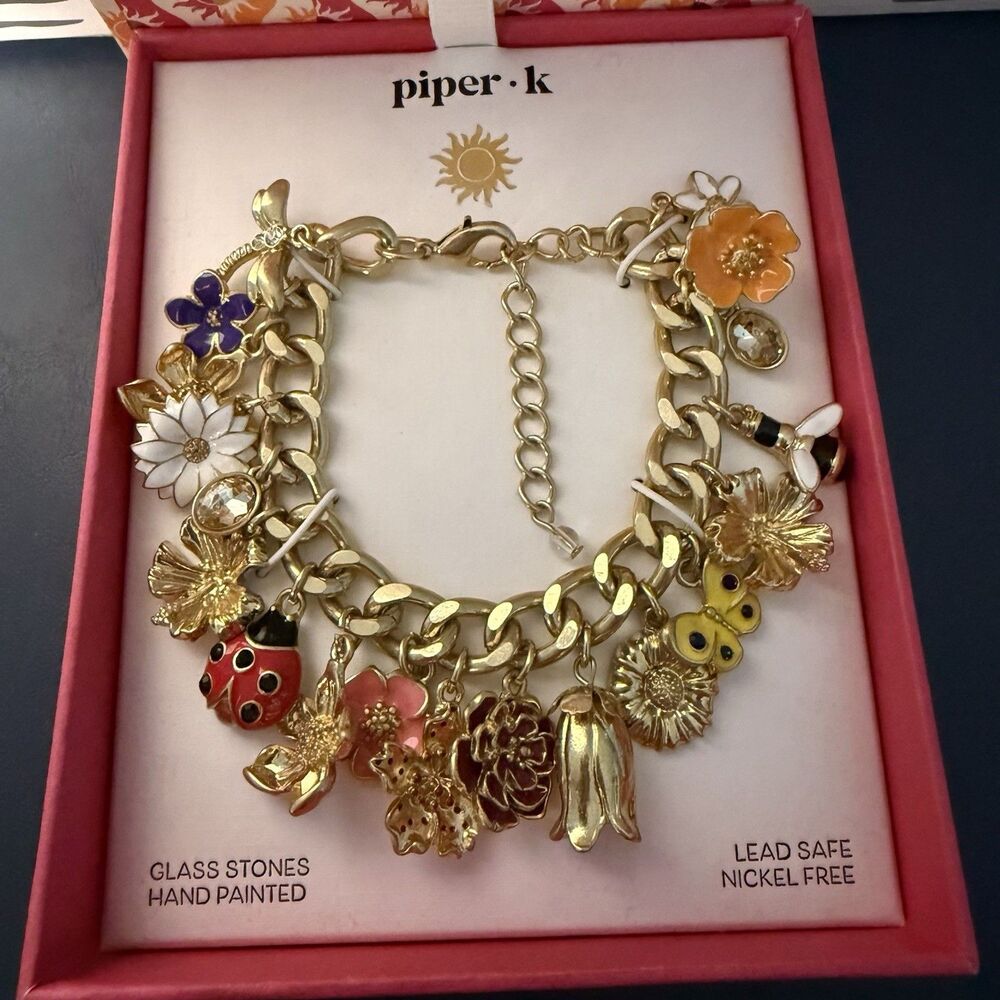 Piper K Flower Charm Bracelet Glass Stones Hand Painted Enamel Gold Ladybug Bee